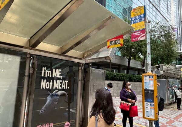 大閘蟹黑山羊快閃現身港九各區巴士站，鼓勵人們善待動物並嘗試純素飲食